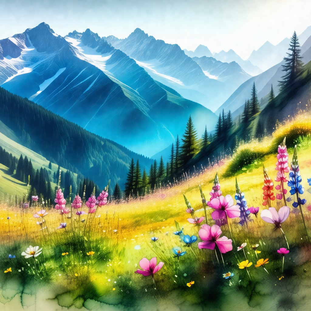 Beautiful mountain landscape with a lush green field and ...