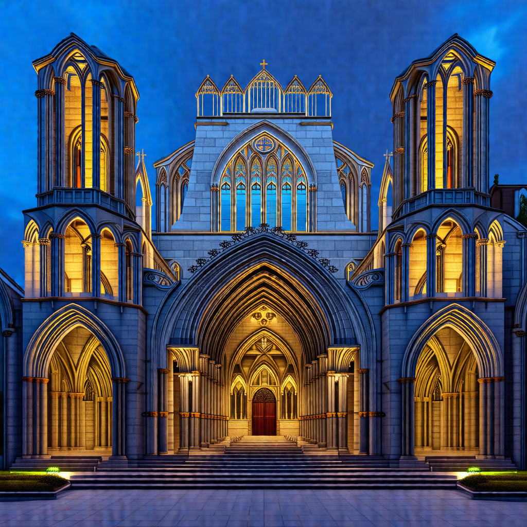 Black and white drawing of a large cathedral with a tall ...