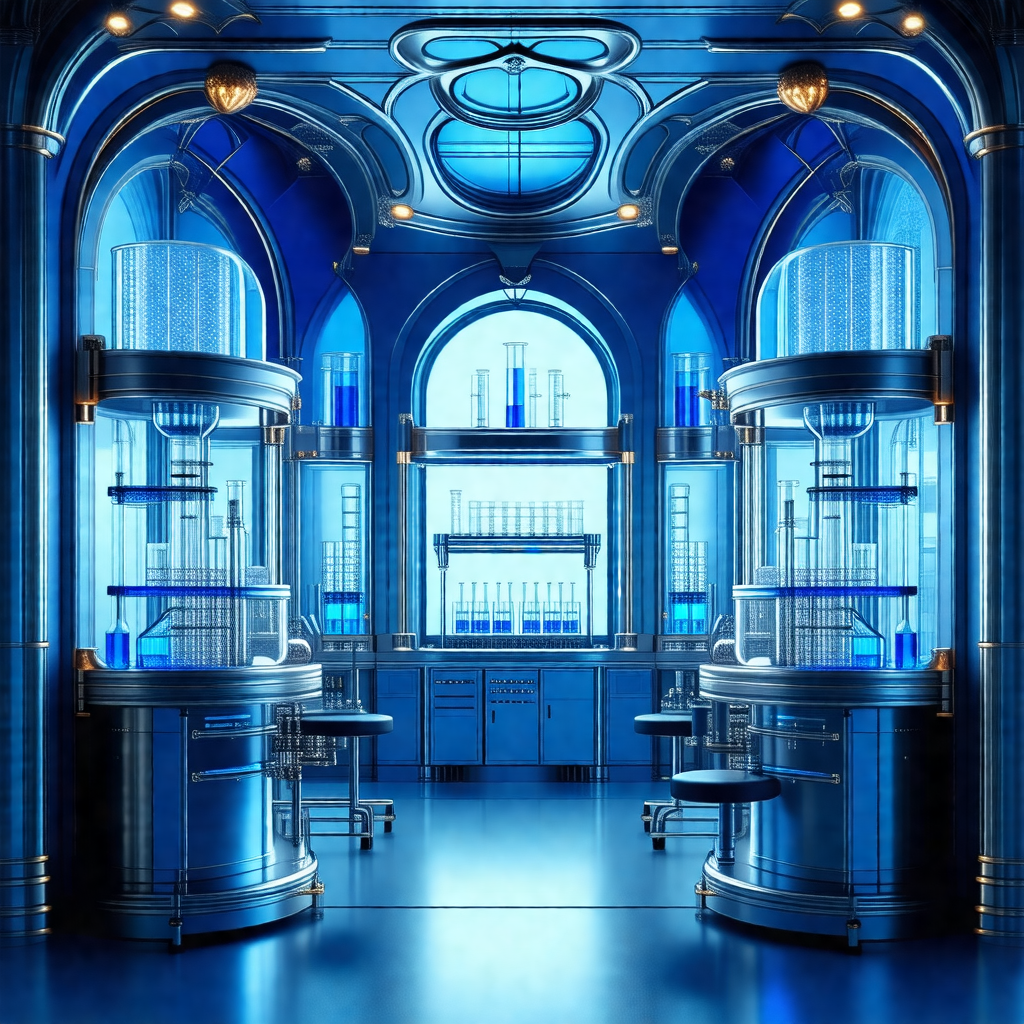 Blue-toned, futuristic laboratory with a large number of ...