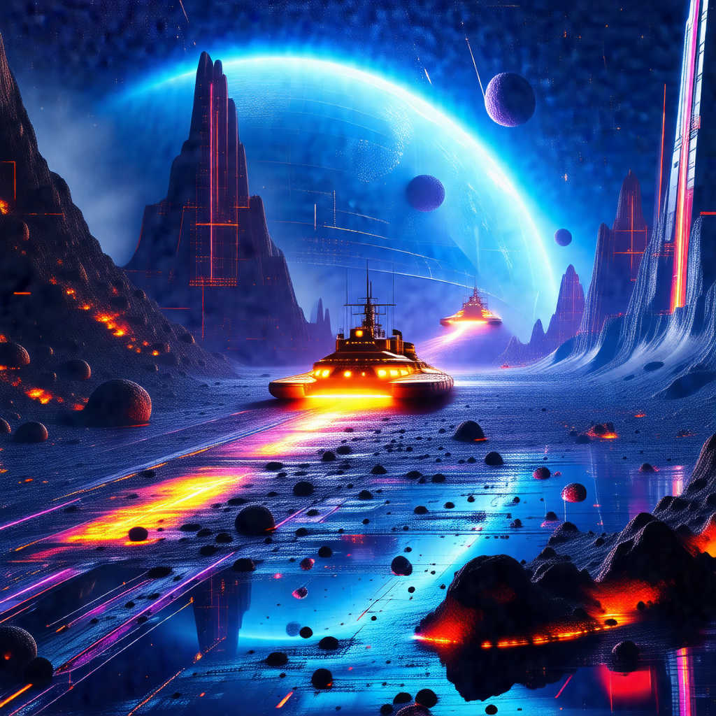 Futuristic scene featuring a large spaceship traveling th...