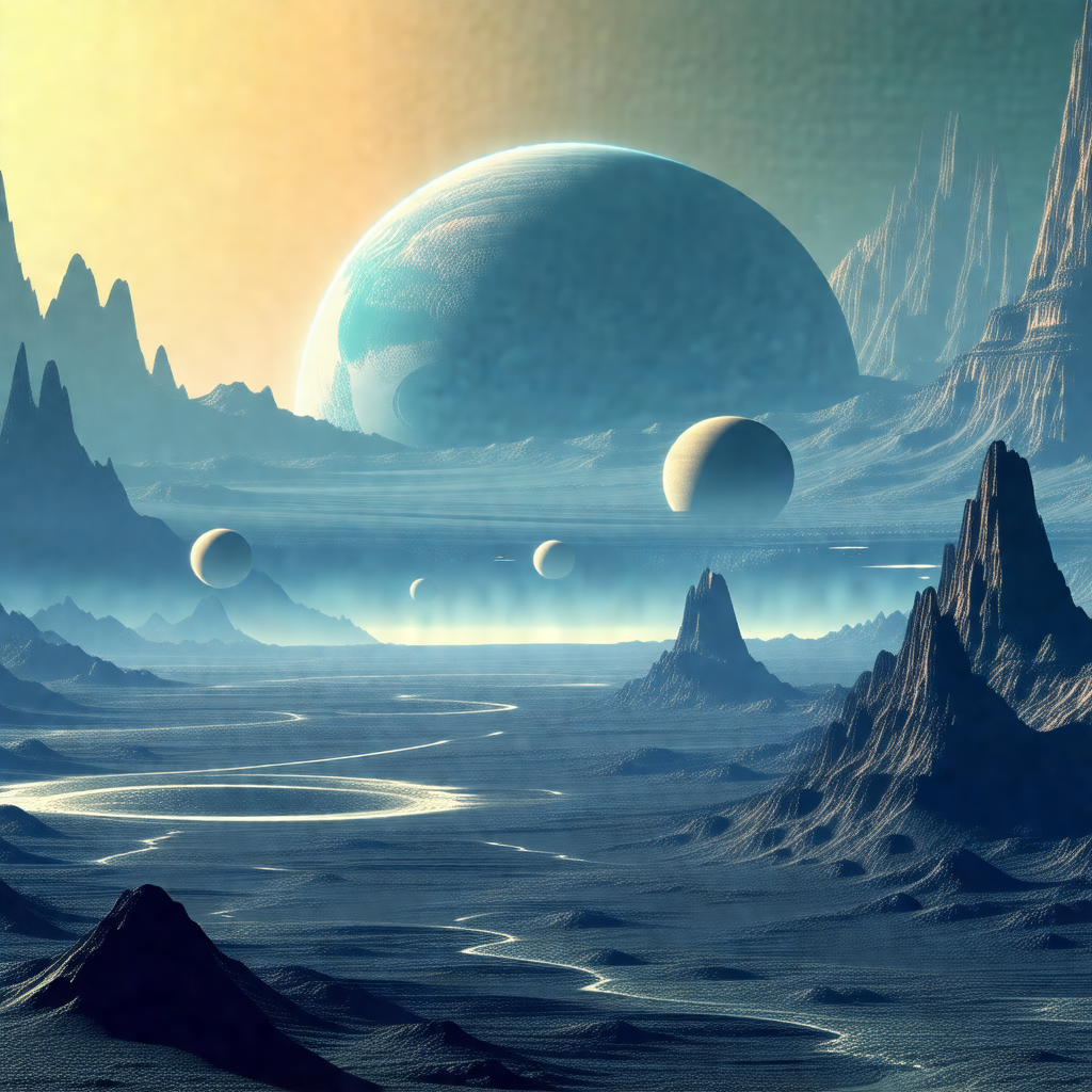 Painting of a futuristic landscape with a variety of plan...