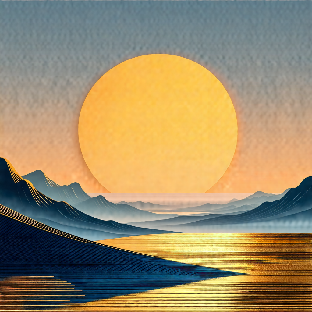 Beautiful sunset over a large body of water, with a mount...