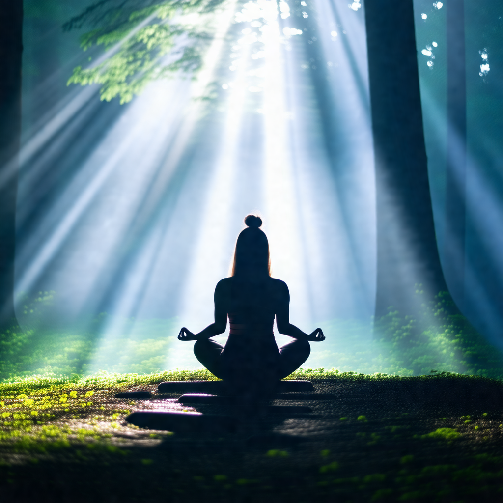 Woman sitting in a forest, surrounded by trees
