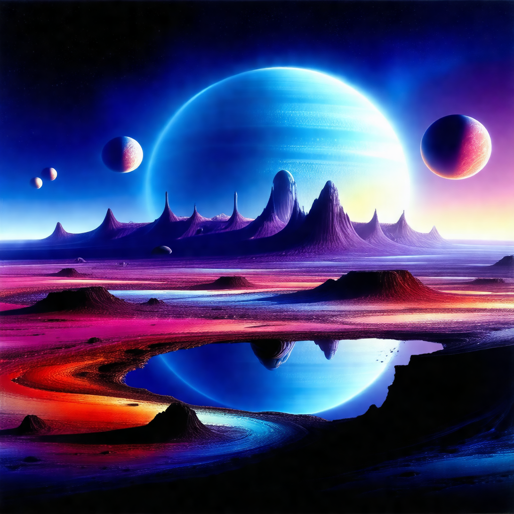 Painting of a futuristic landscape featuring a large, blu...