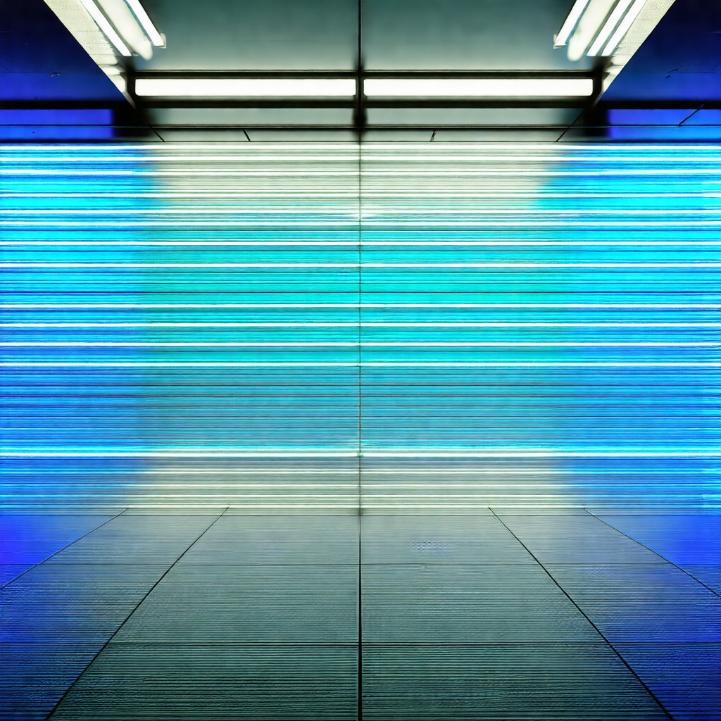 Long, narrow hallway with a blue light illuminating the s...