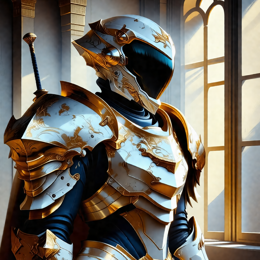 Man dressed in a suit of armor, standing in a room with a...