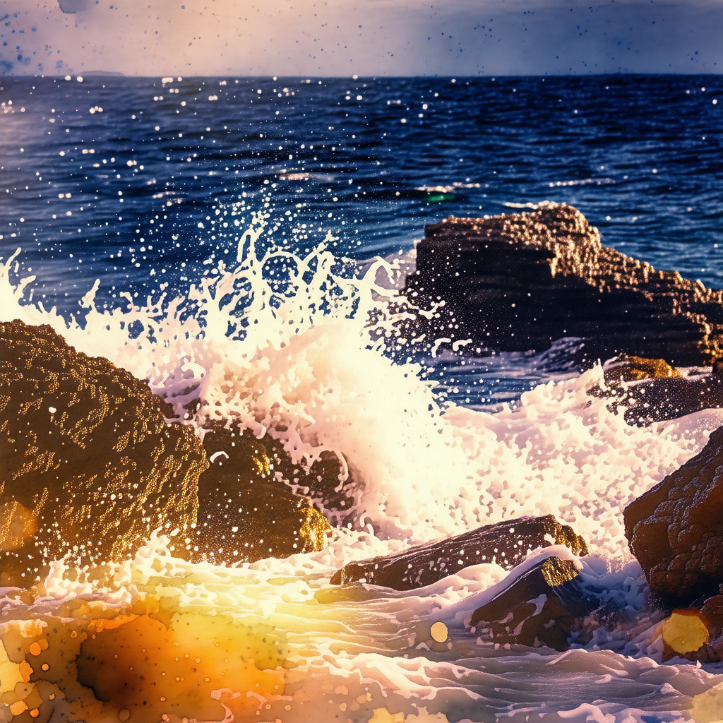 Captures a beautiful scene of the ocean with a rocky shor...