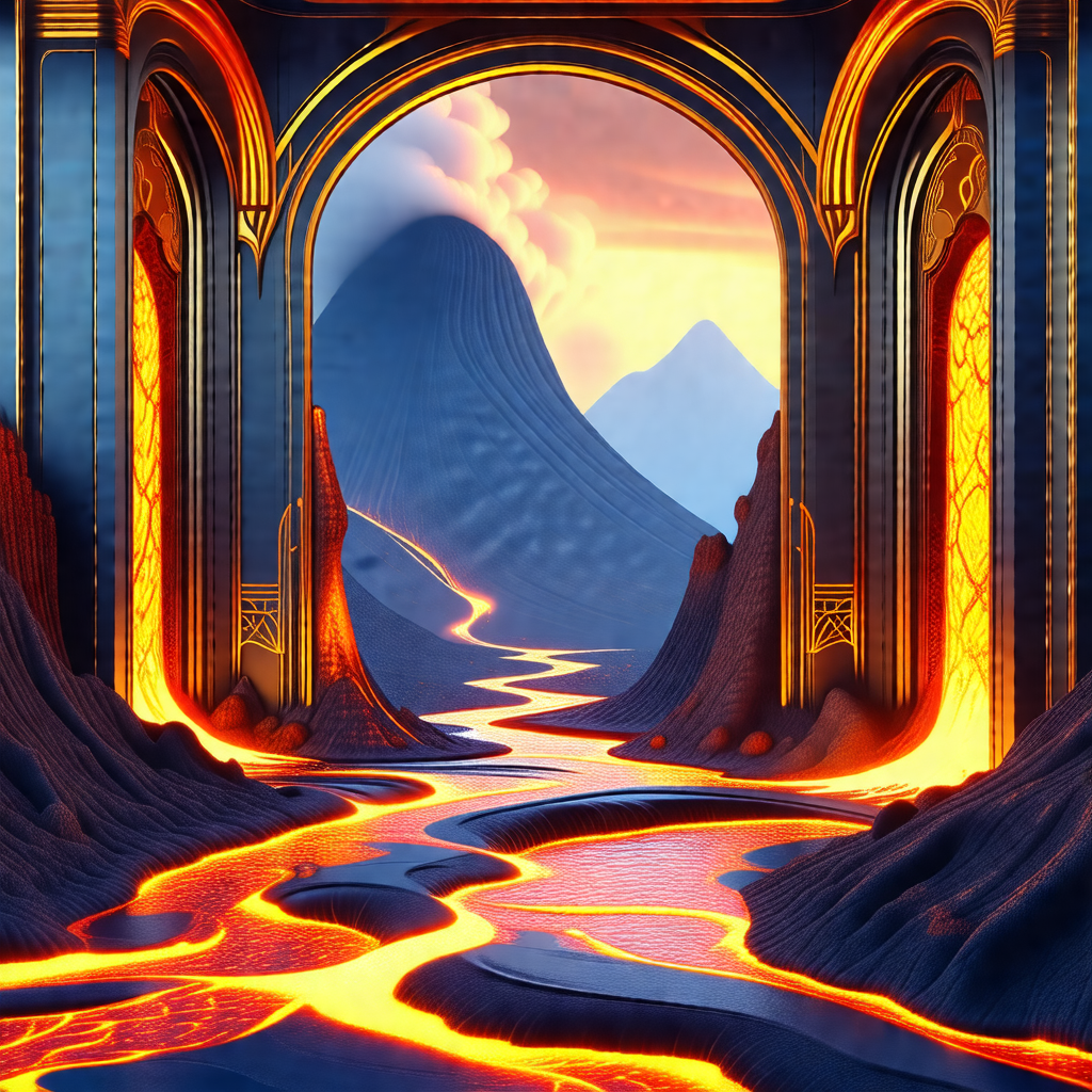 Digital painting of a mountainous landscape with a red pa...