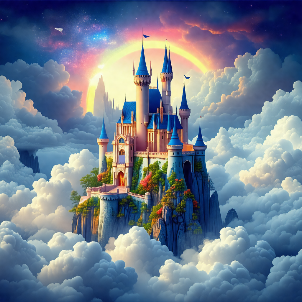 Beautifully drawn castle, which appears to be floating in...