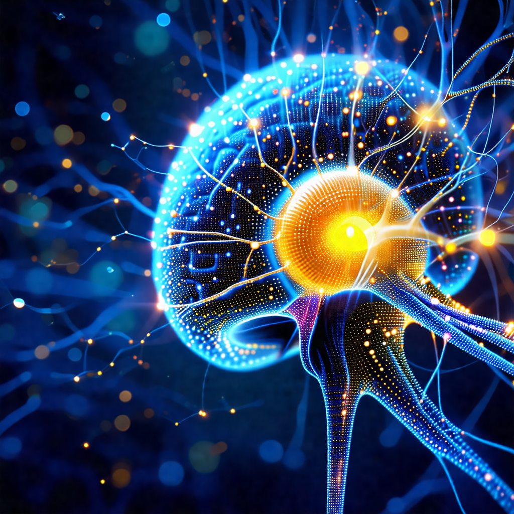 Close-up of a brain with a bright blue glow