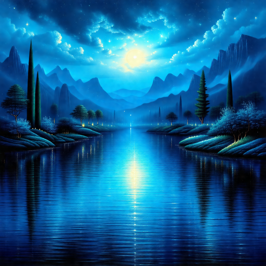 Painting of a serene landscape featuring a large body of ...