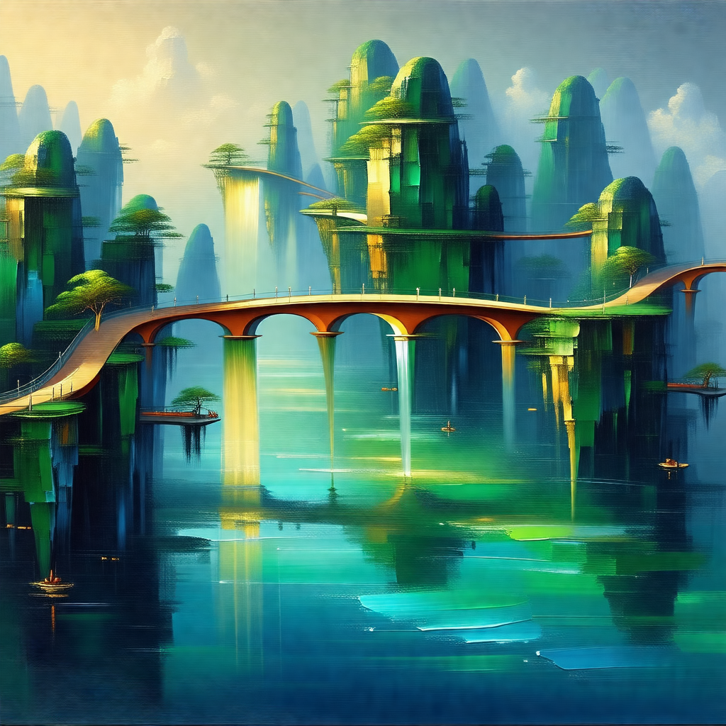 Painting of a fantasy world with a bridge over a body of ...