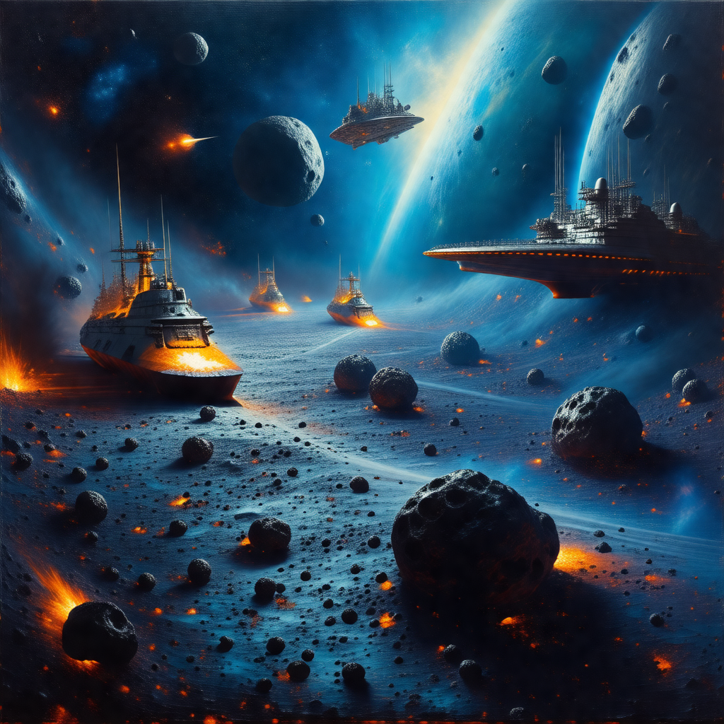 Futuristic scene with a group of spaceships flying throug...