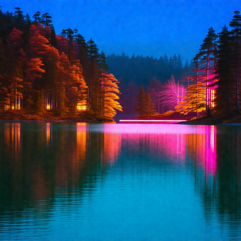 Serene scene of a lake at night, with a beautiful pink an...