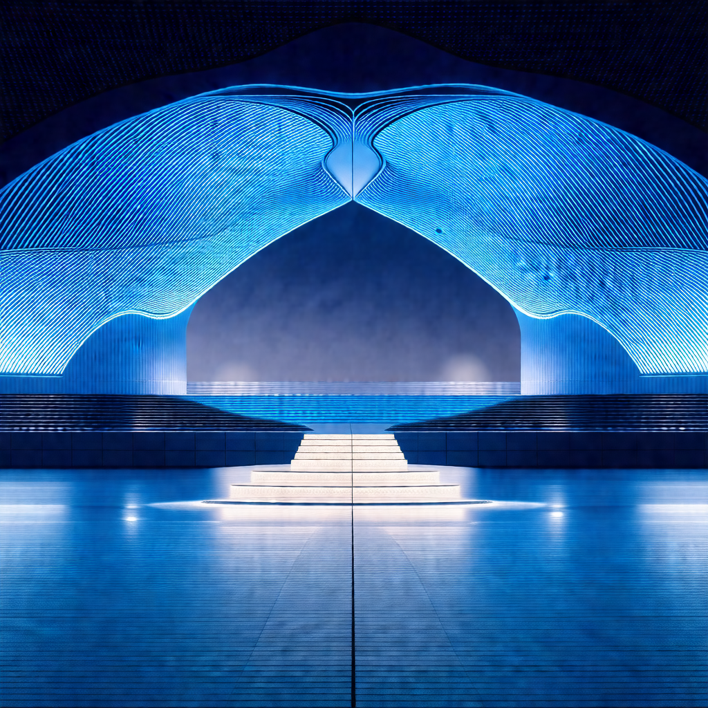 Large, blue swimming pool with a blue tunnel leading into it
