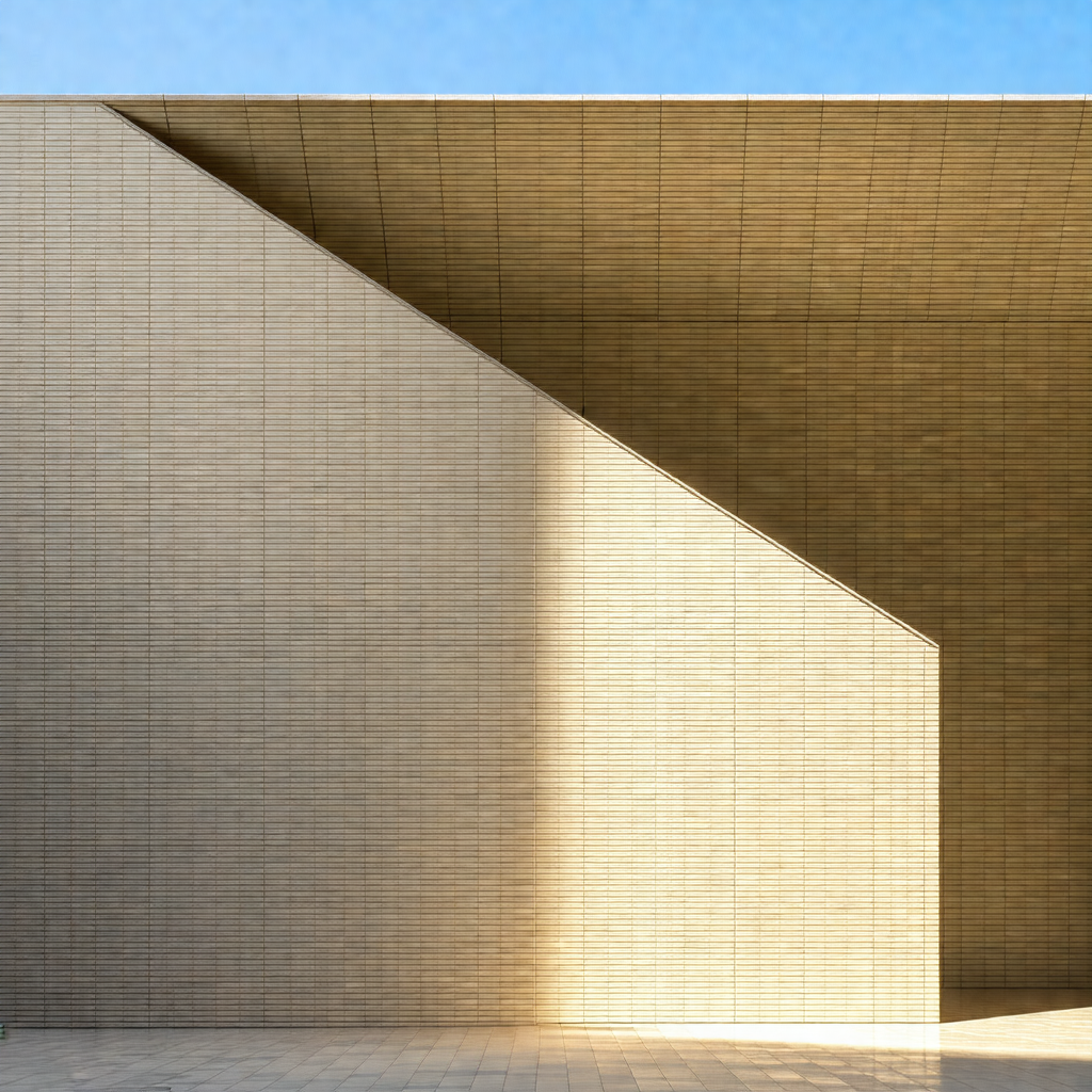 Large, tan brick building with a distinctive triangular s...