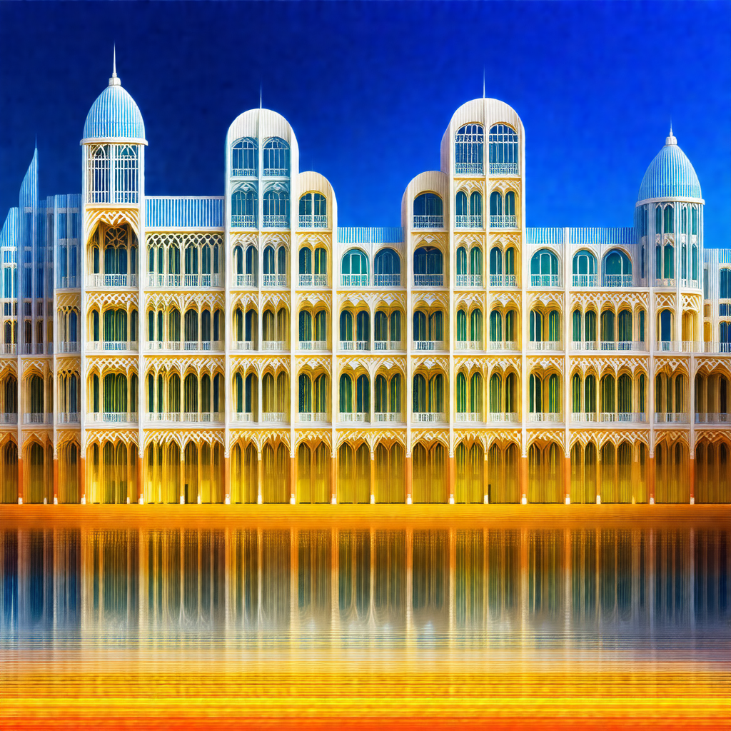 Large, ornate building with a blue and yellow color scheme