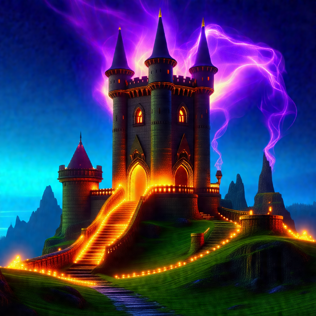 Large, medieval-style castle with a purple glow surroundi...