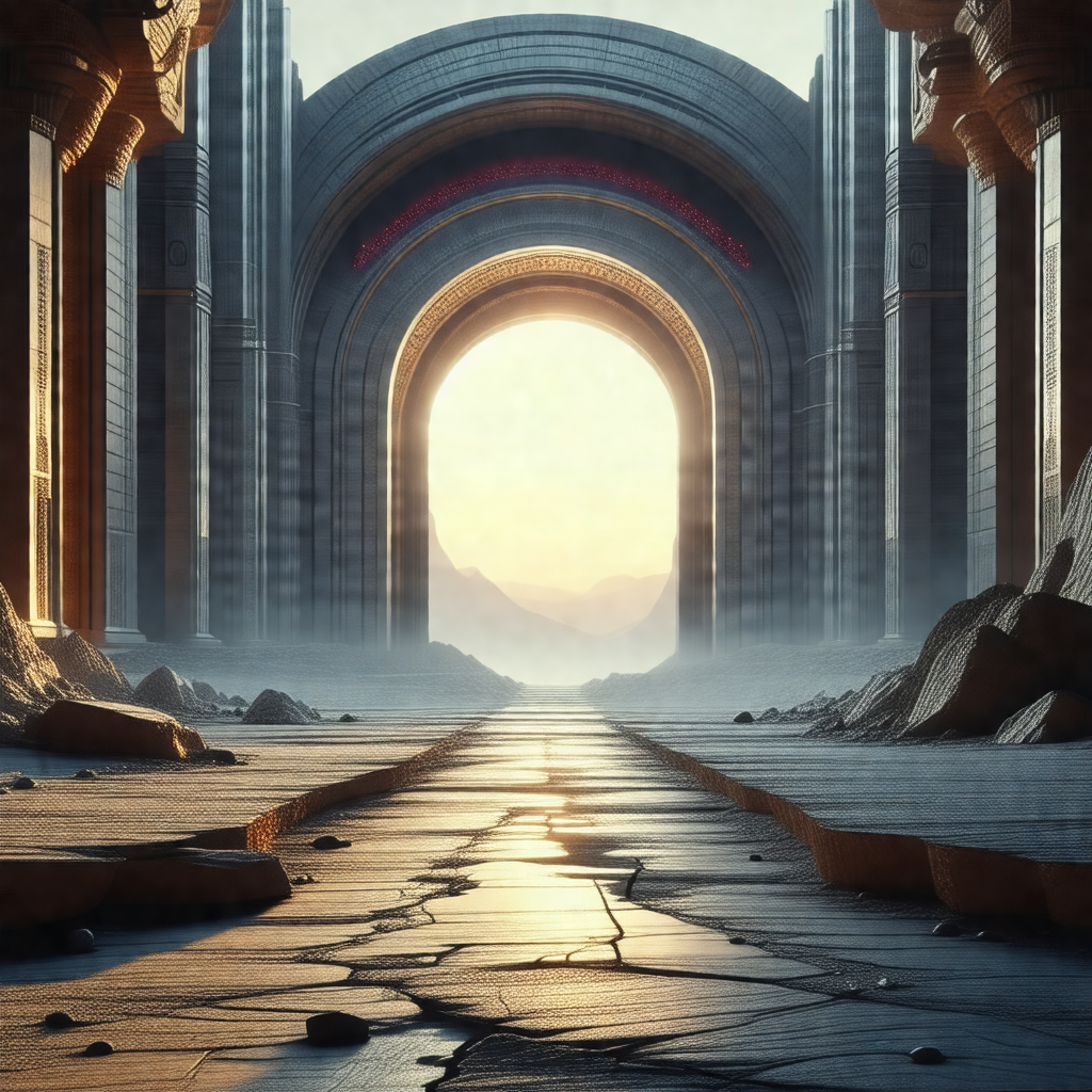 Large, open archway with a sunset in the background