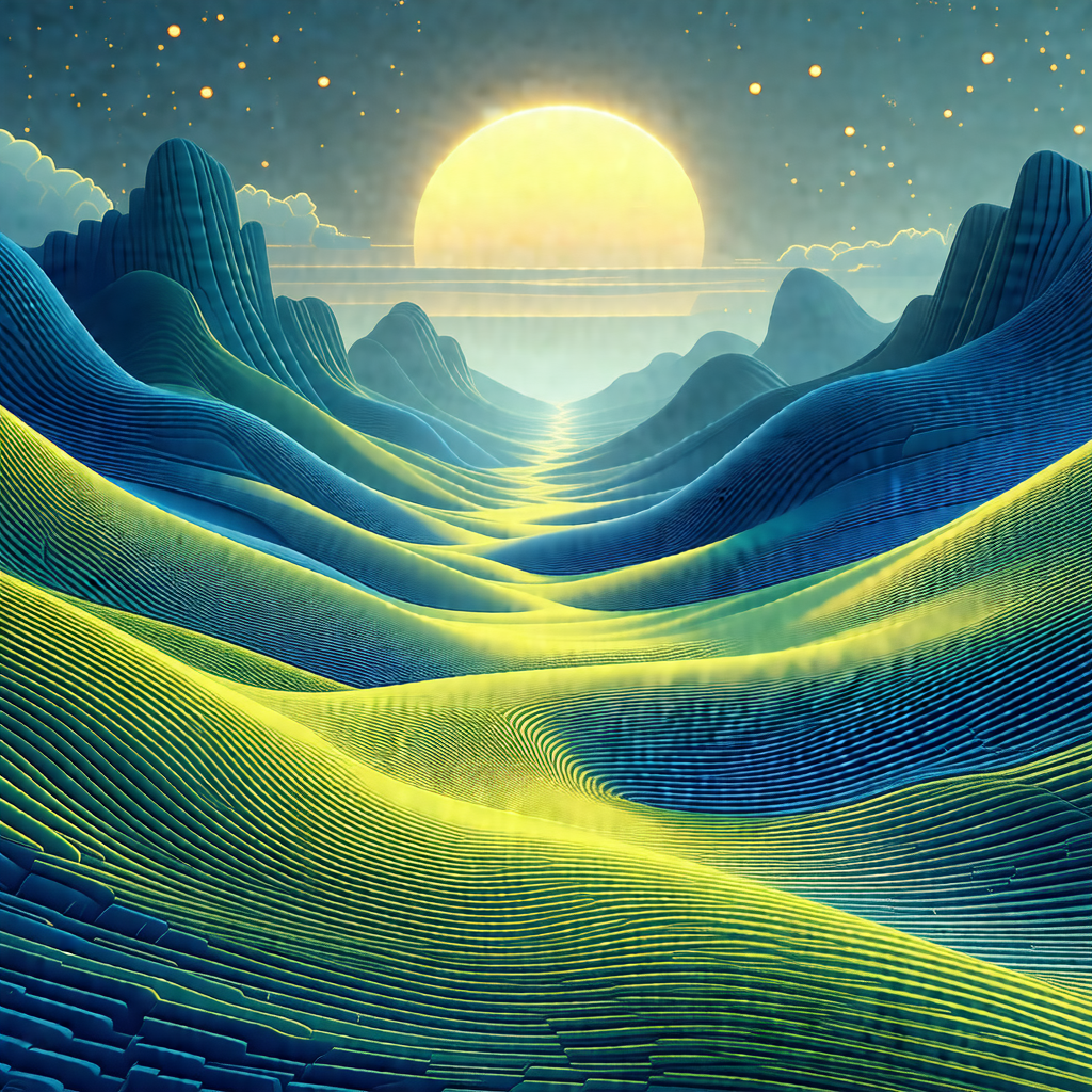 Beautifully painted blue and green landscape featuring a ...