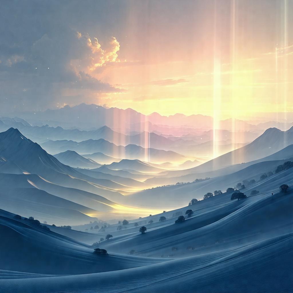 Painting of a beautiful mountain range with a sunset in t...