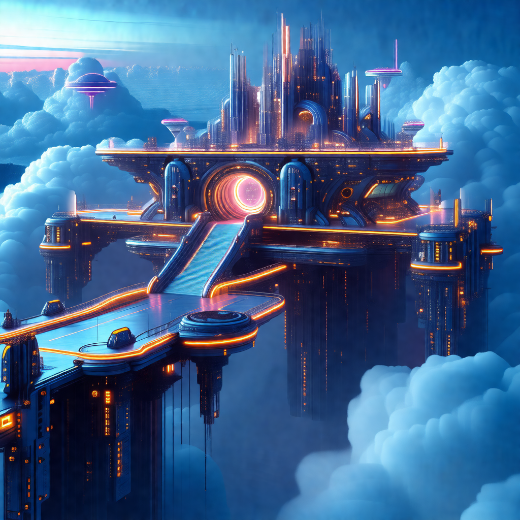 Blue and orange digital painting of a futuristic city wit...