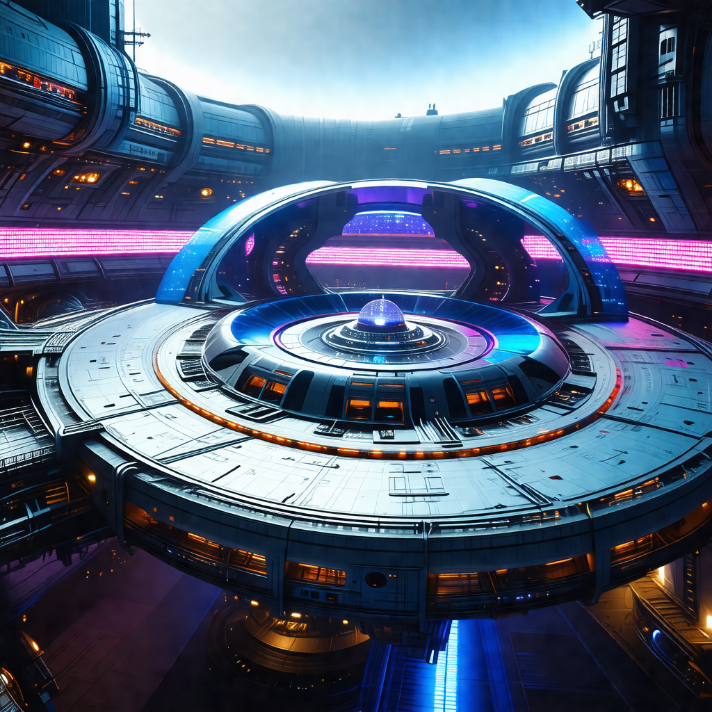 Futuristic scene featuring a large, round spacecraft with...
