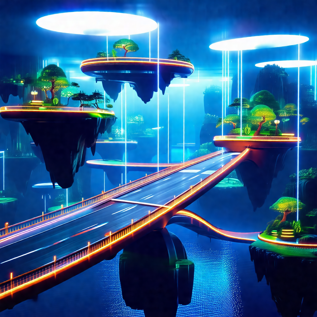 Futuristic scene featuring a bridge with a road on top of it