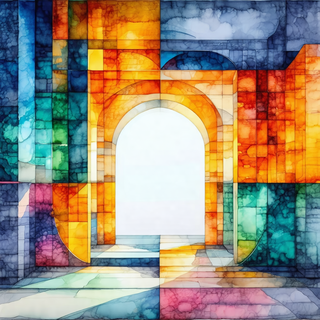Painting of a large archway with a brightly colored stain...