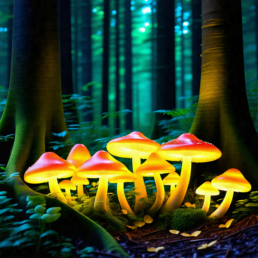 Group of glowing mushrooms growing in a forest