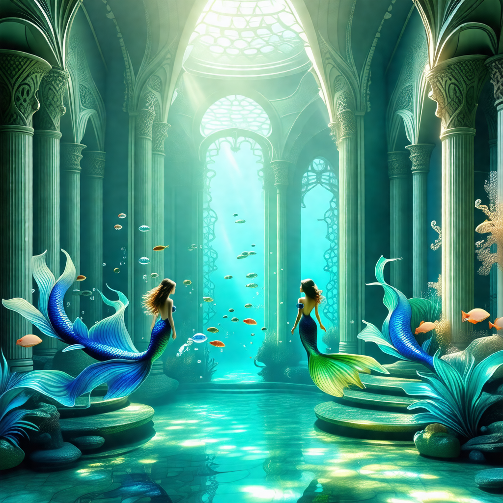 Two beautiful mermaid characters, each with a long tail, ...