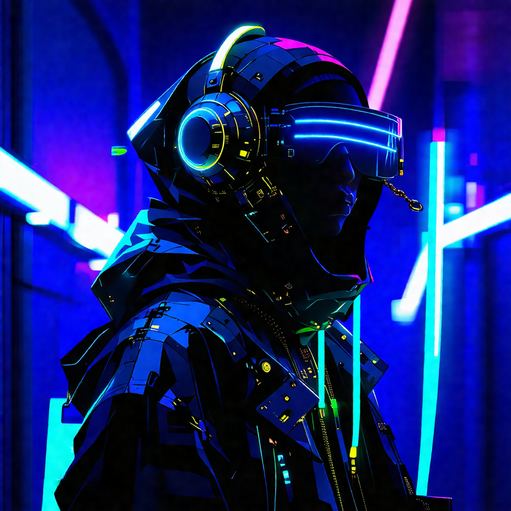 Person wearing a futuristic outfit, including a hooded ja...