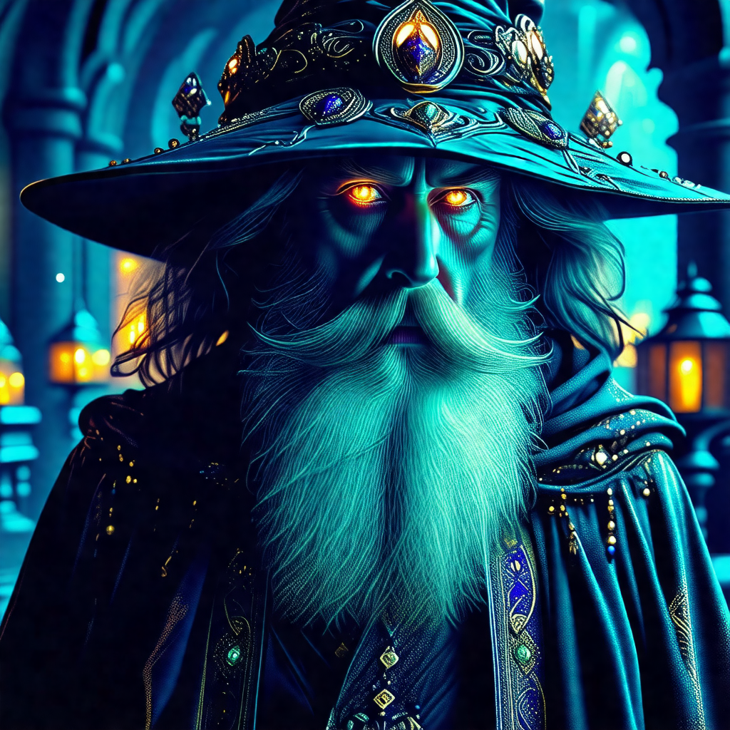 Man with a long beard and a wizard's hat, standing in a d...