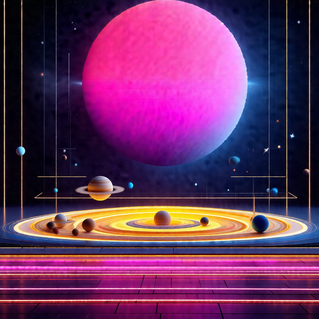 Pink planet with a yellow sun in the center, surrounded b...