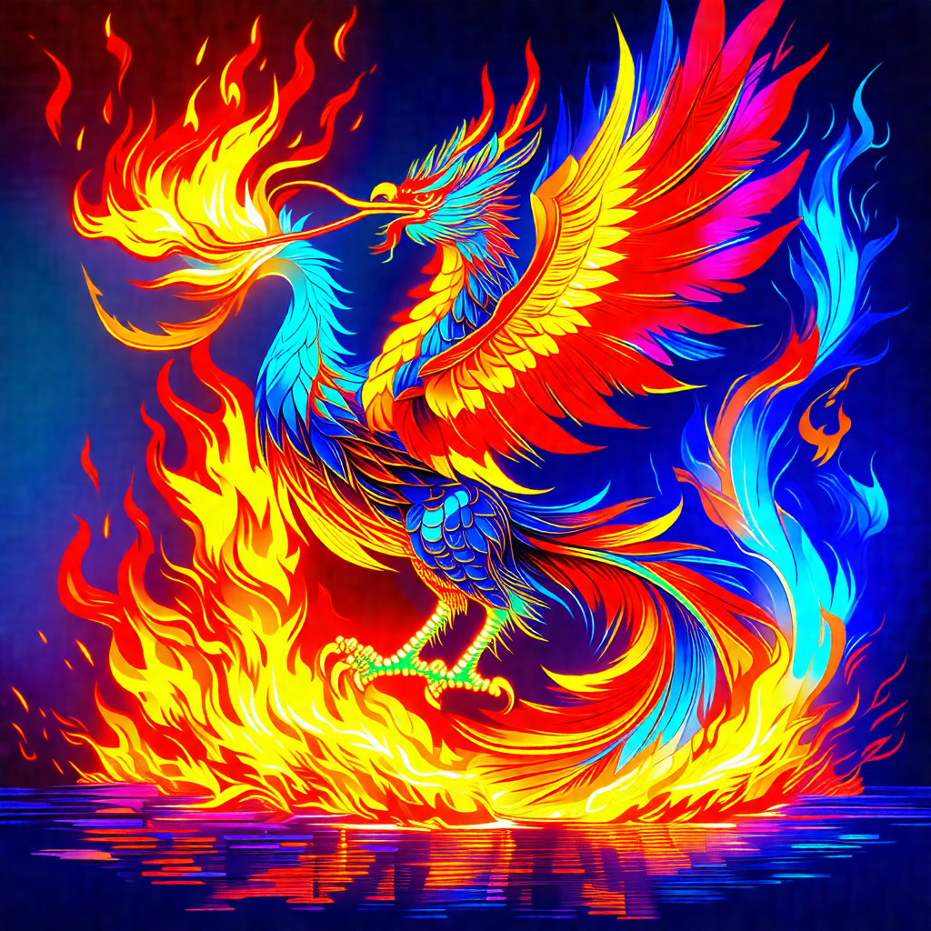 Colorful dragon with a long neck and a fiery tail