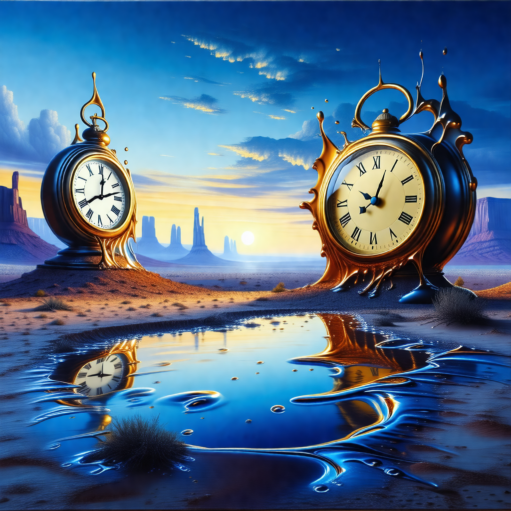 Two large, ornate clocks placed in a desert-like setting
