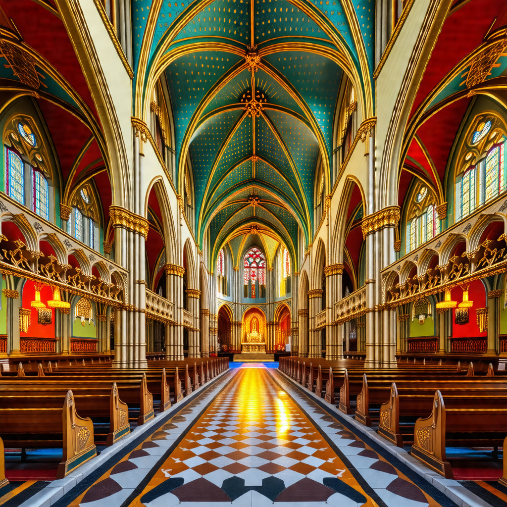 Large, ornate cathedral with a long, narrow aisle