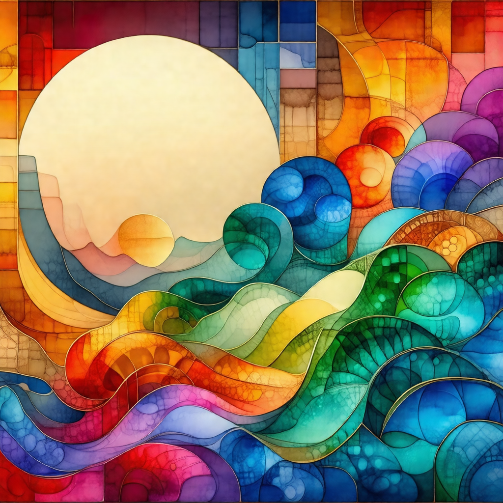 Colorful painting of a sunset, featuring a large sun in t...