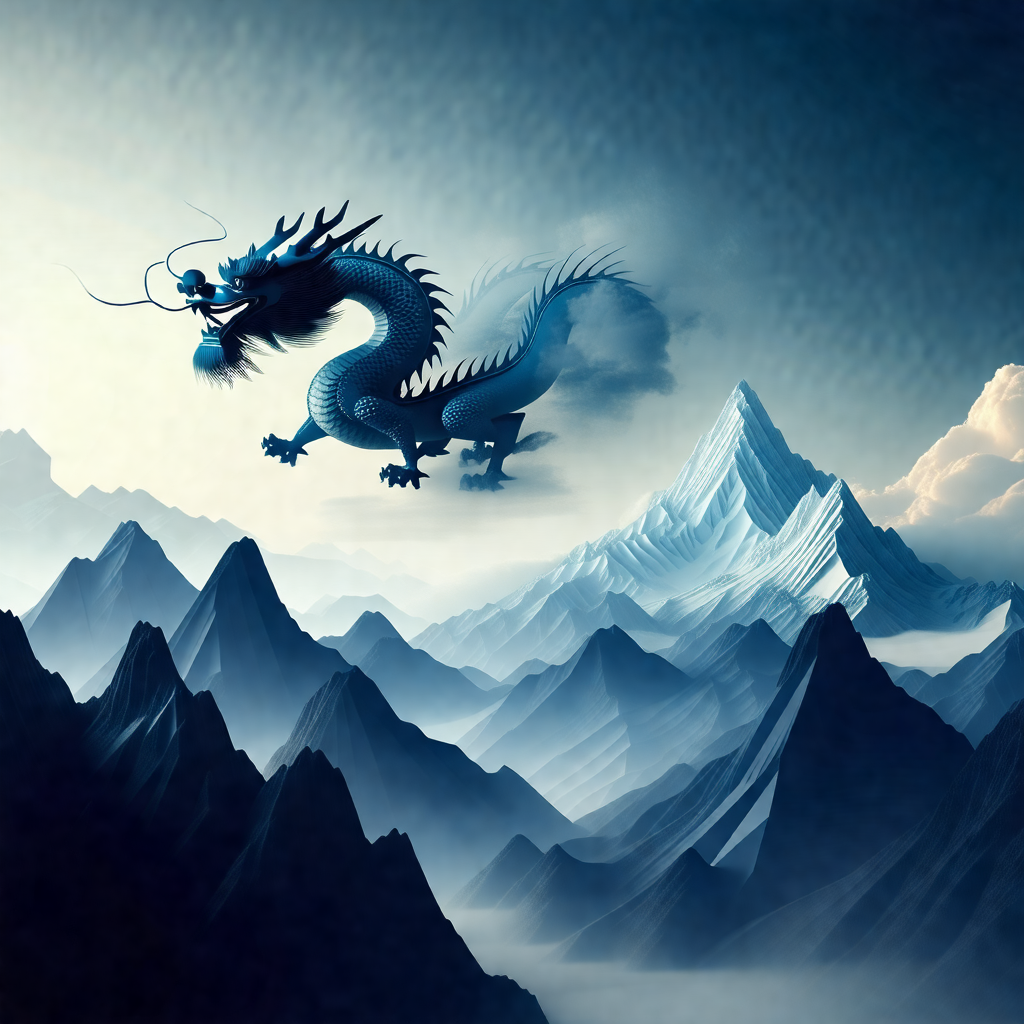 Dragon flying through the sky, with its head down and mou...