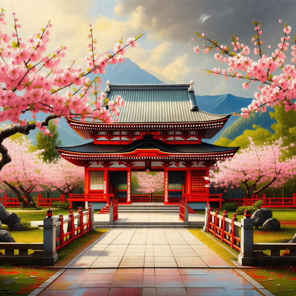 Beautiful red and white pagoda with a red roof, surrounde...