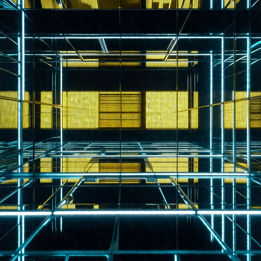 Black and white photo of a building with a yellow and blu...