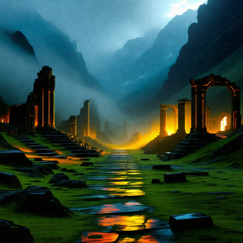 Digital painting of a mountainous landscape with a river ...