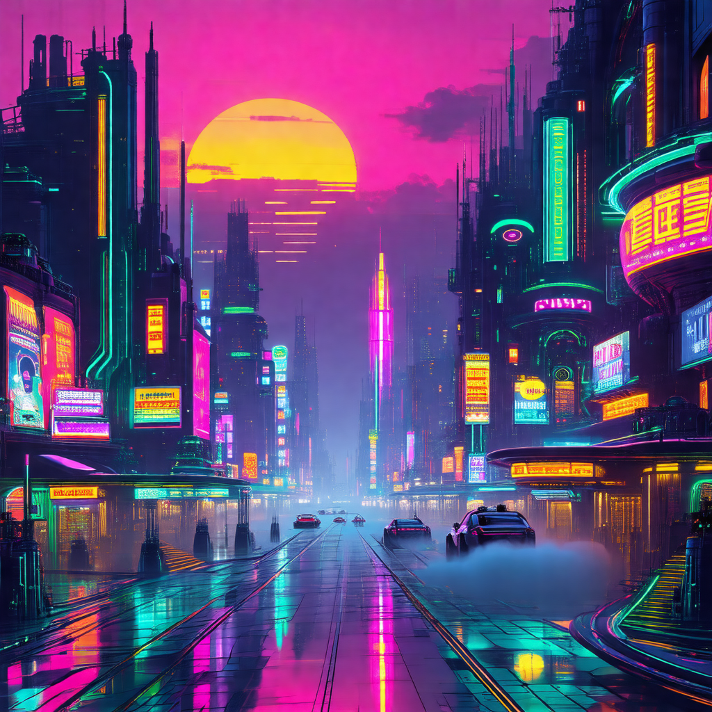 Colorful, futuristic cityscape with a large, illuminated ...