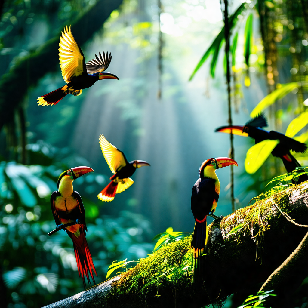 Group of colorful birds perched on a tree branch