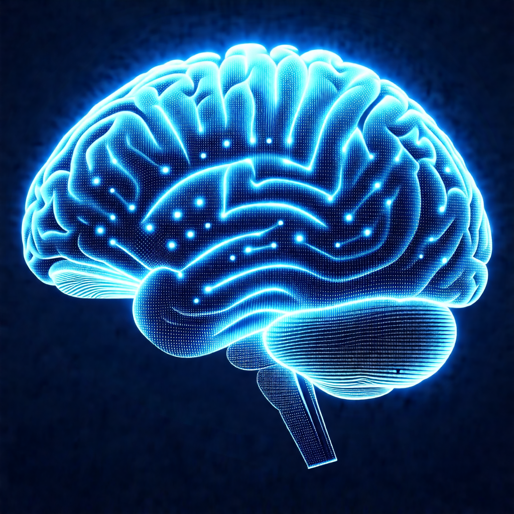 Close-up of a human brain, with a blue glow illuminating ...
