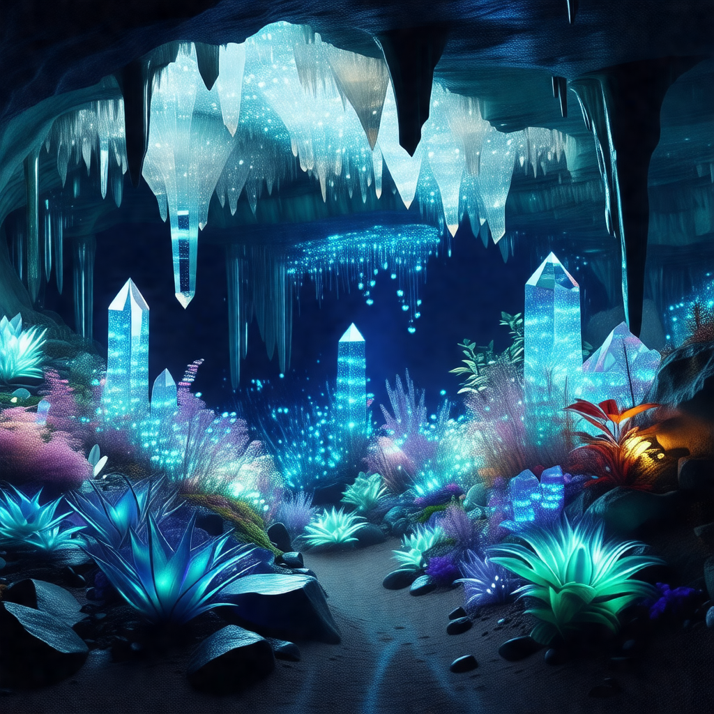 Digital painting of a cave with a blue and purple color s...