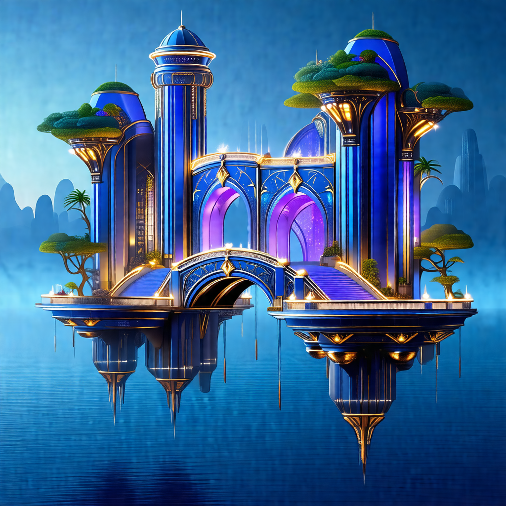 Digital painting of a blue castle floating on a body of w...