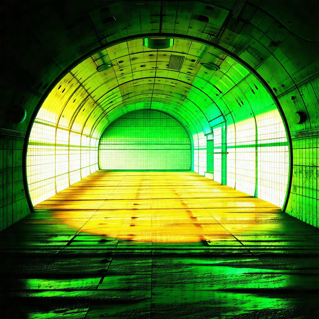 Tunnel with a green light illuminating the space