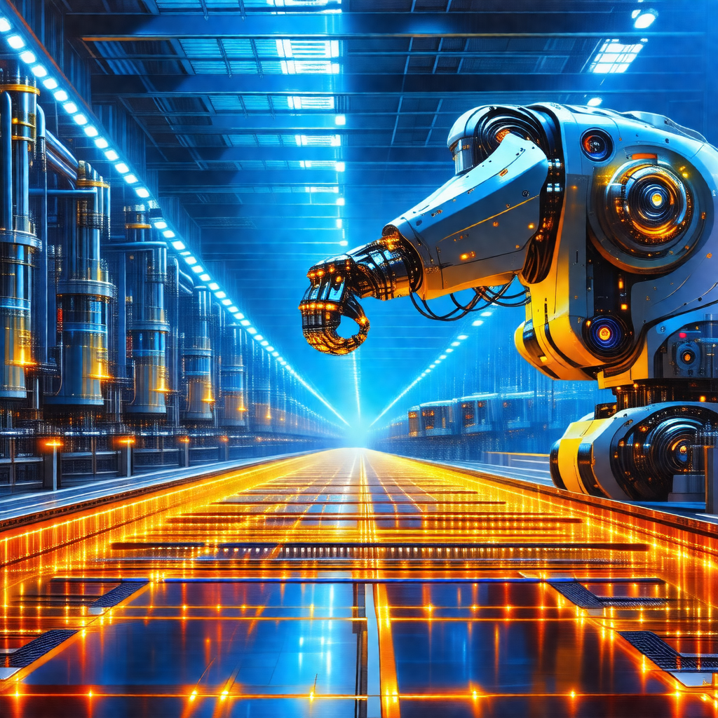 Futuristic scene featuring a large robot standing in a fa...