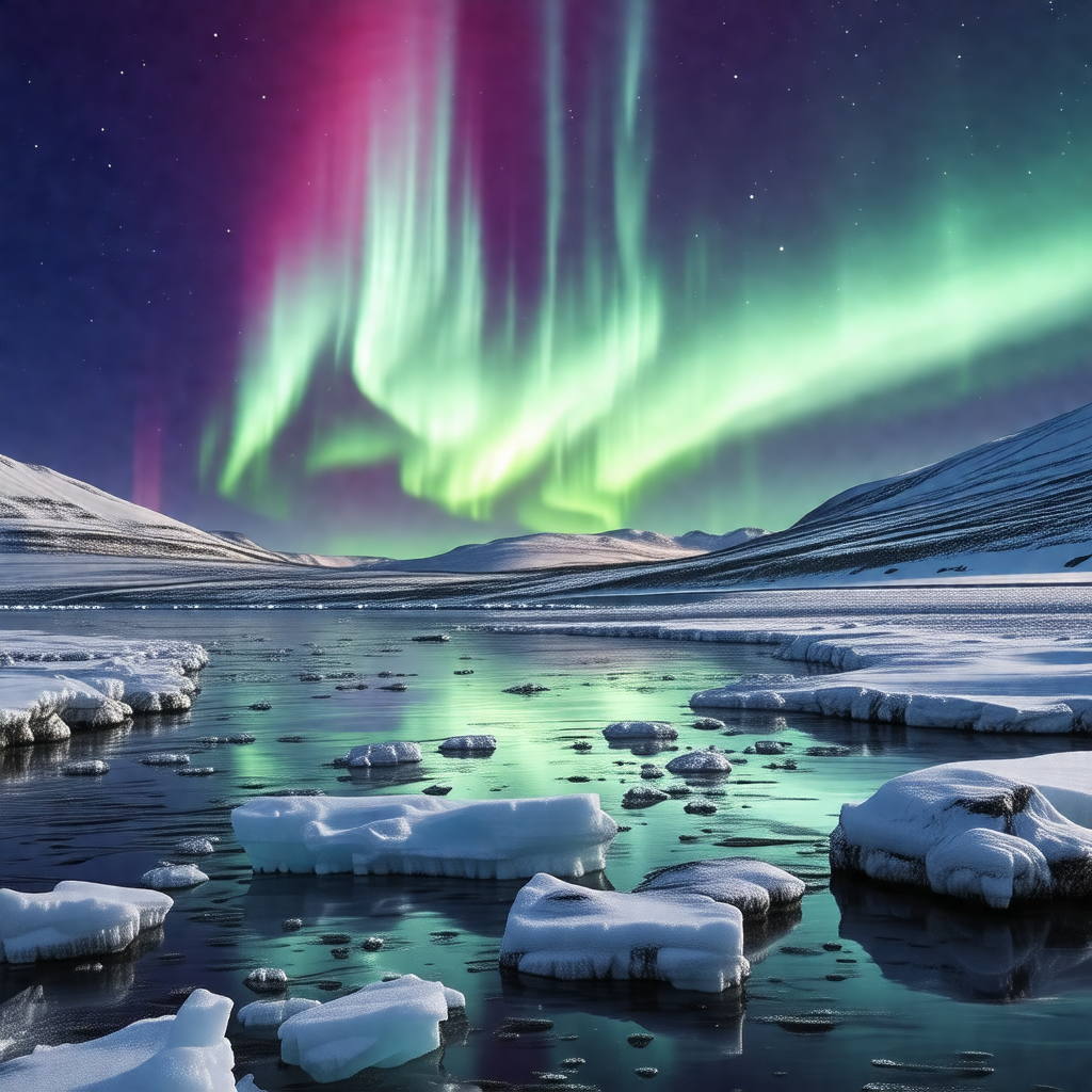 Captures a beautiful night scene with a frozen lake surro...